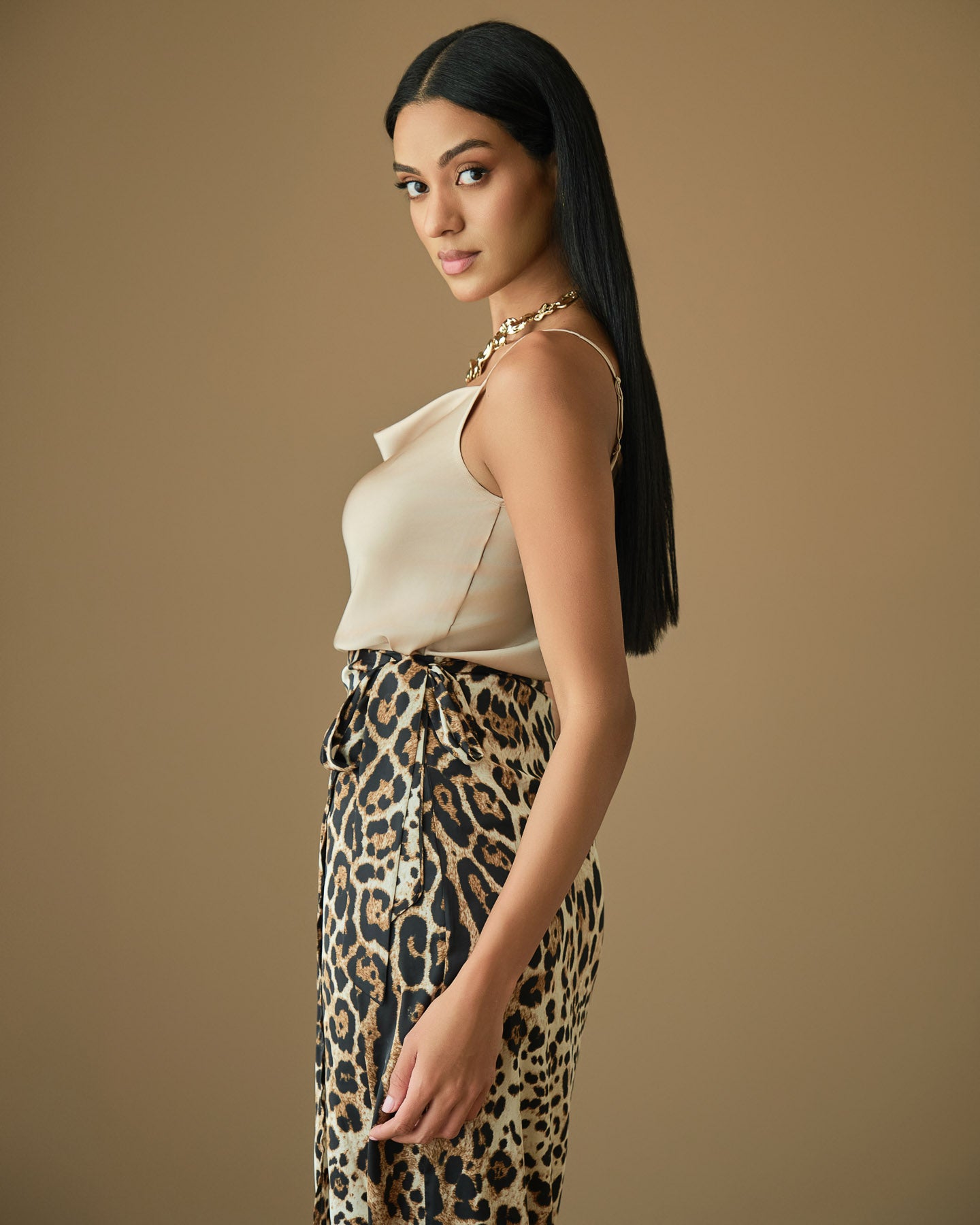 Leopard print wrap midi skirt with tie waist and flattering silhouette