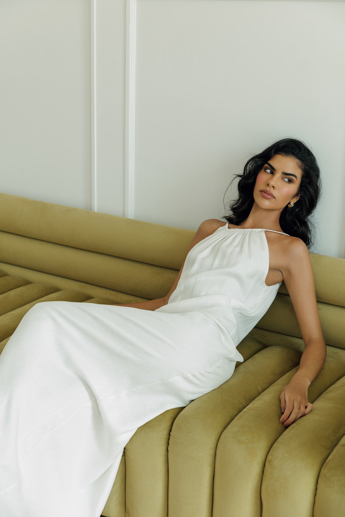 Gaia white maxi dress with gathered halter neckline