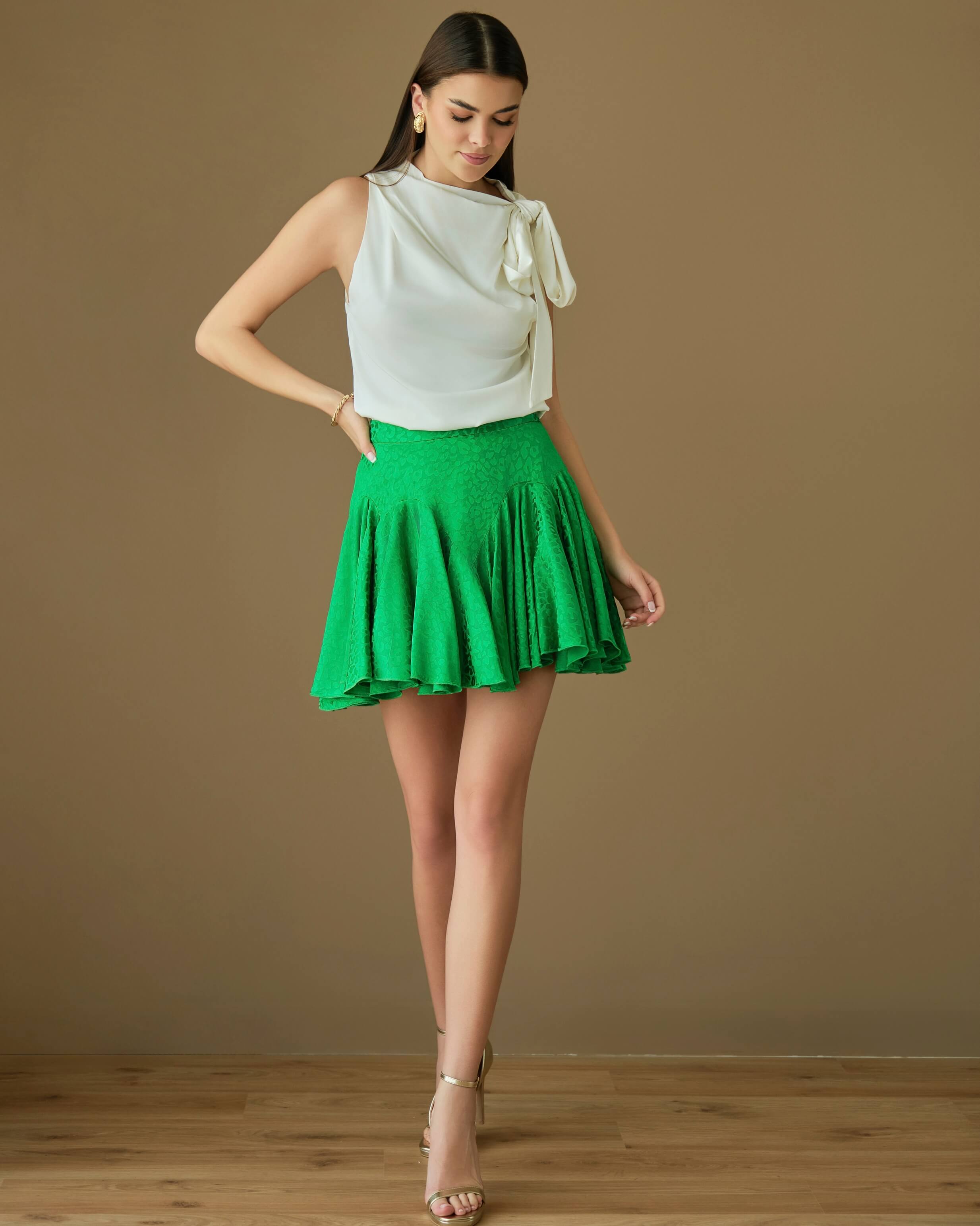 Emerald green lightweight mini skirt with soft volume