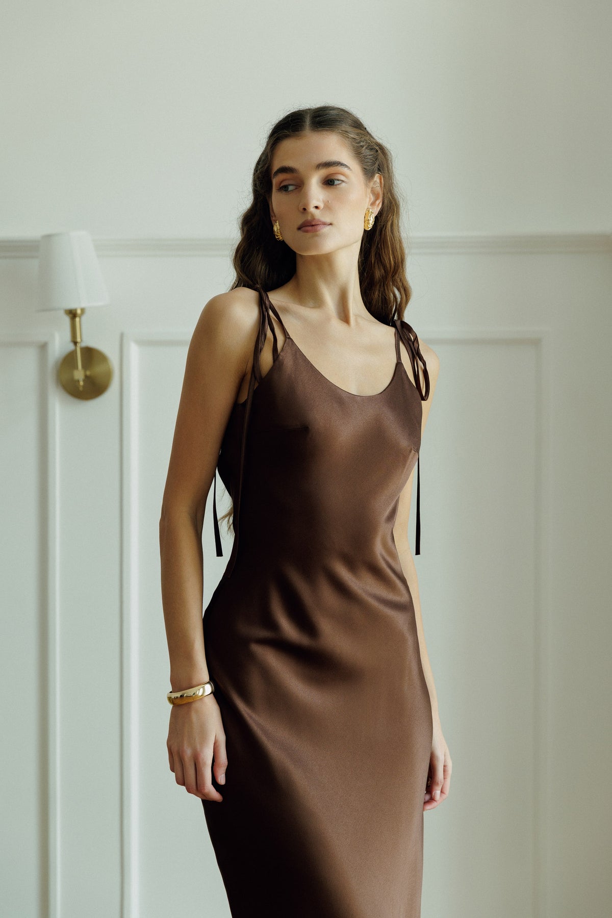 Chocolate brown Joelle maxi dress with fluid satin finish
