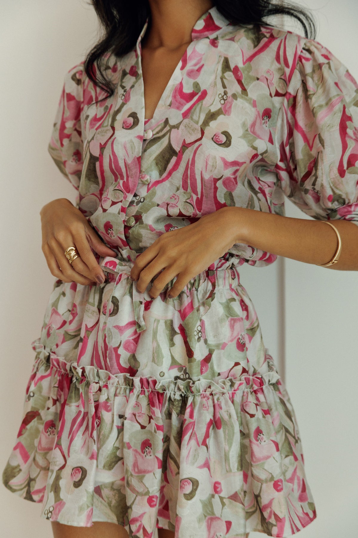 Liana floral blouse and mini skirt set in pink and neutral tones