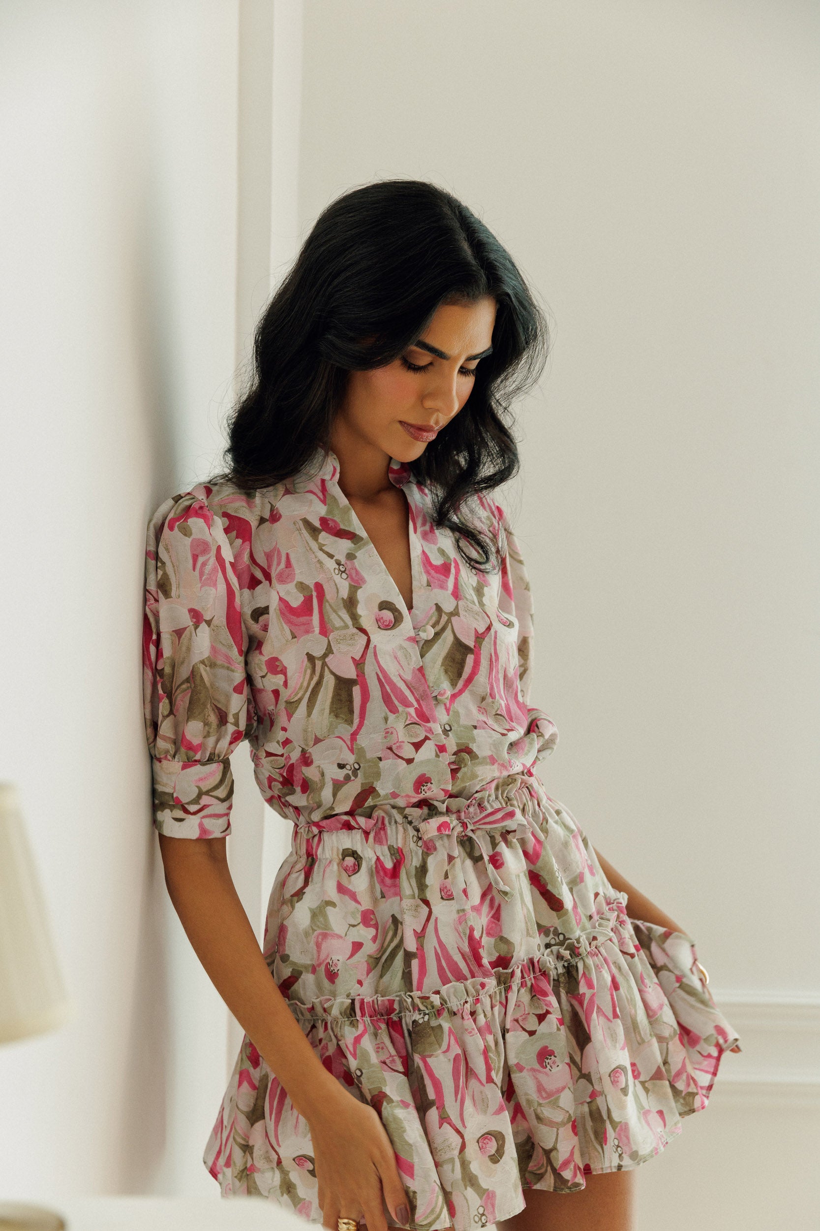 Liana pink floral set with button-front blouse and matching mini skirt