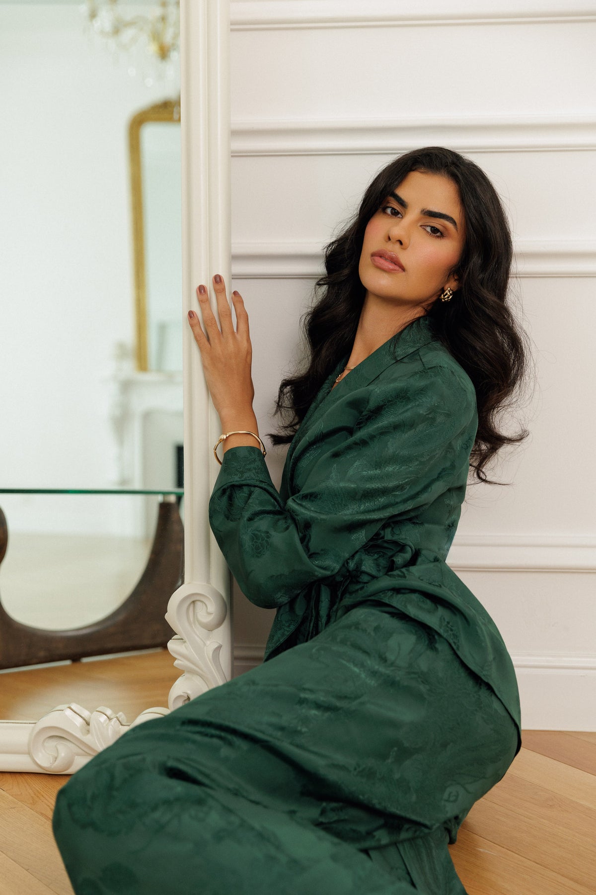 Model wearing the Lilah forest tailored two-piece set with wrap-front blazer