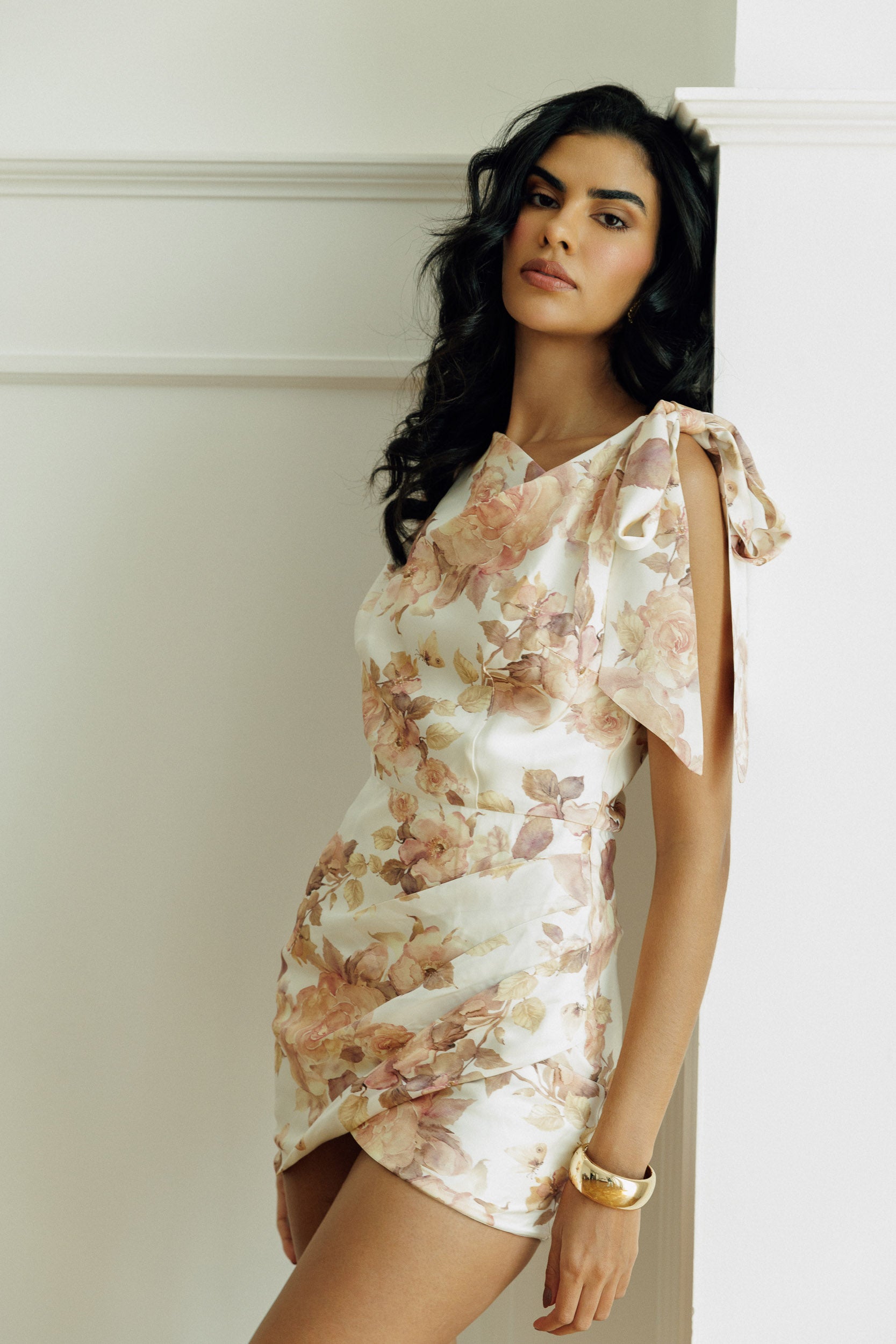 Mizzkeen Viviana floral mini dress with a draped neckline