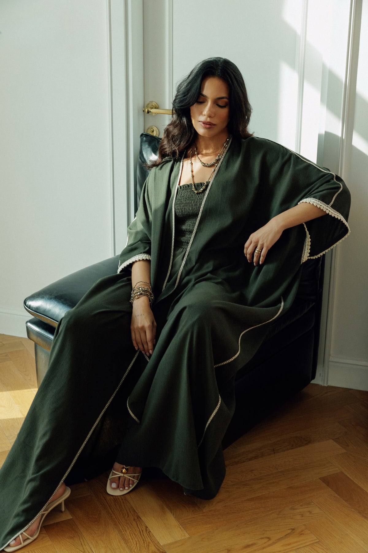 Full-length Nellie olive kaftan with wide draped sleeves