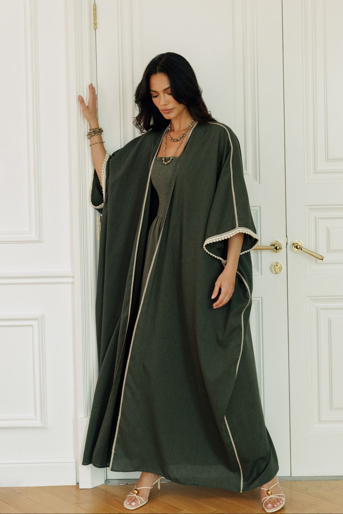 Nellie relaxed olive kaftan with cream trim detailing