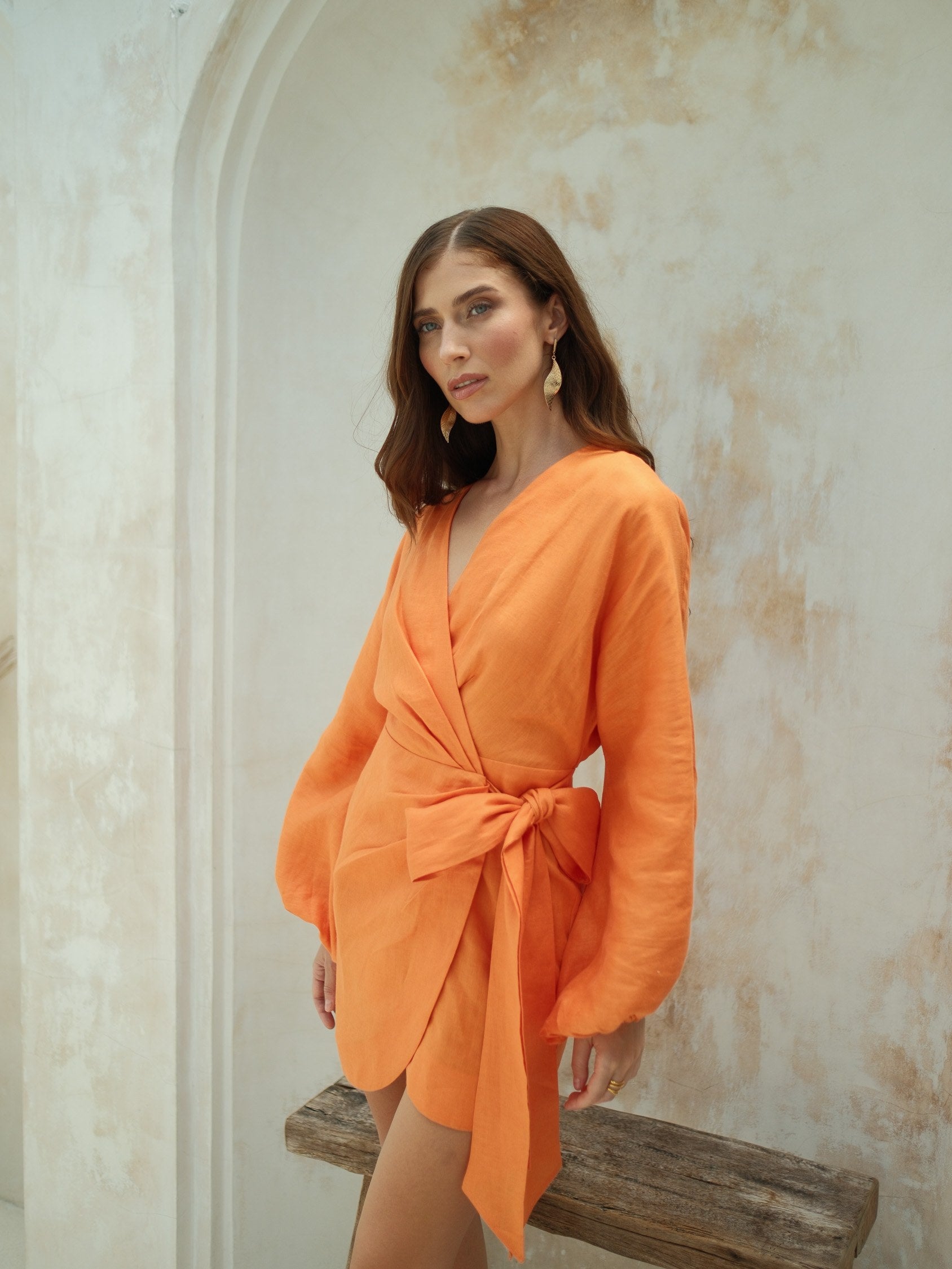 Orange linen wrap mini dress