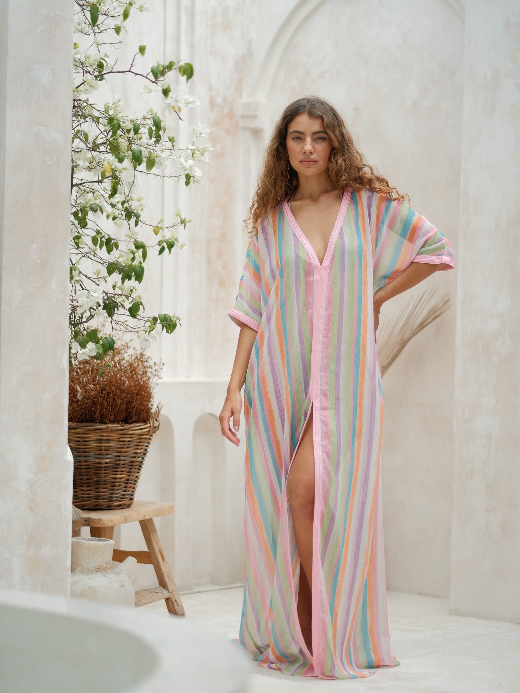 Pastel striped maxi kaftan beach cover up dress with front slit