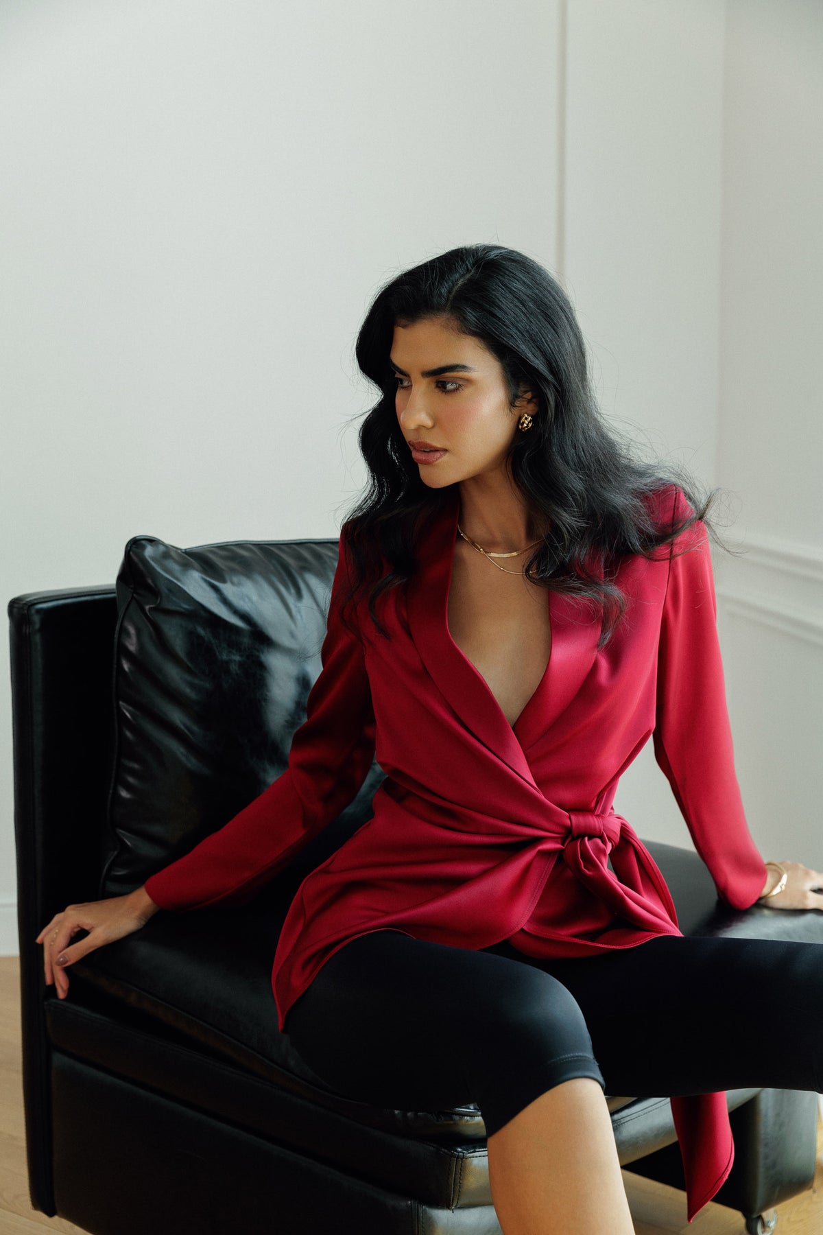 Red satin blazer with draped wrap front