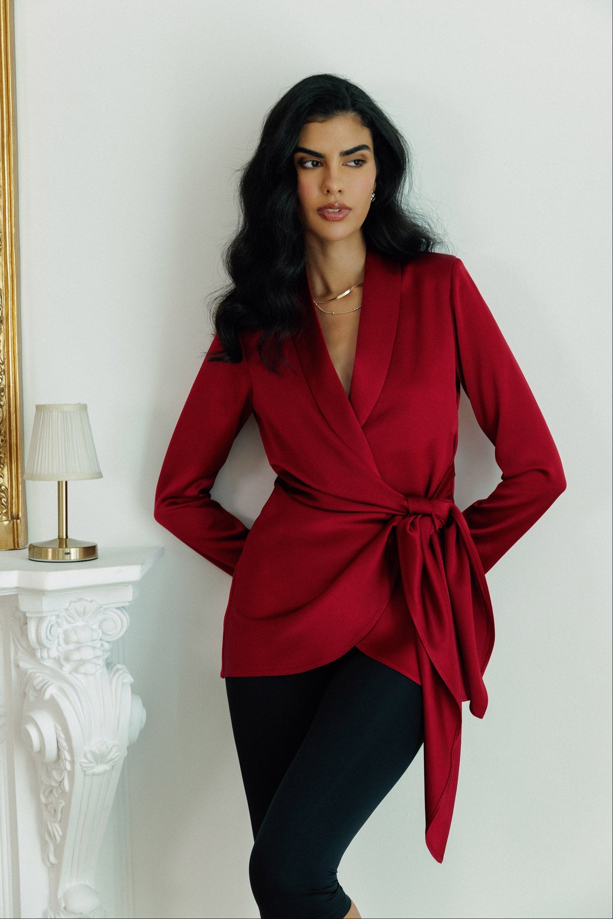 Red satin tailored blazer with long tie belt