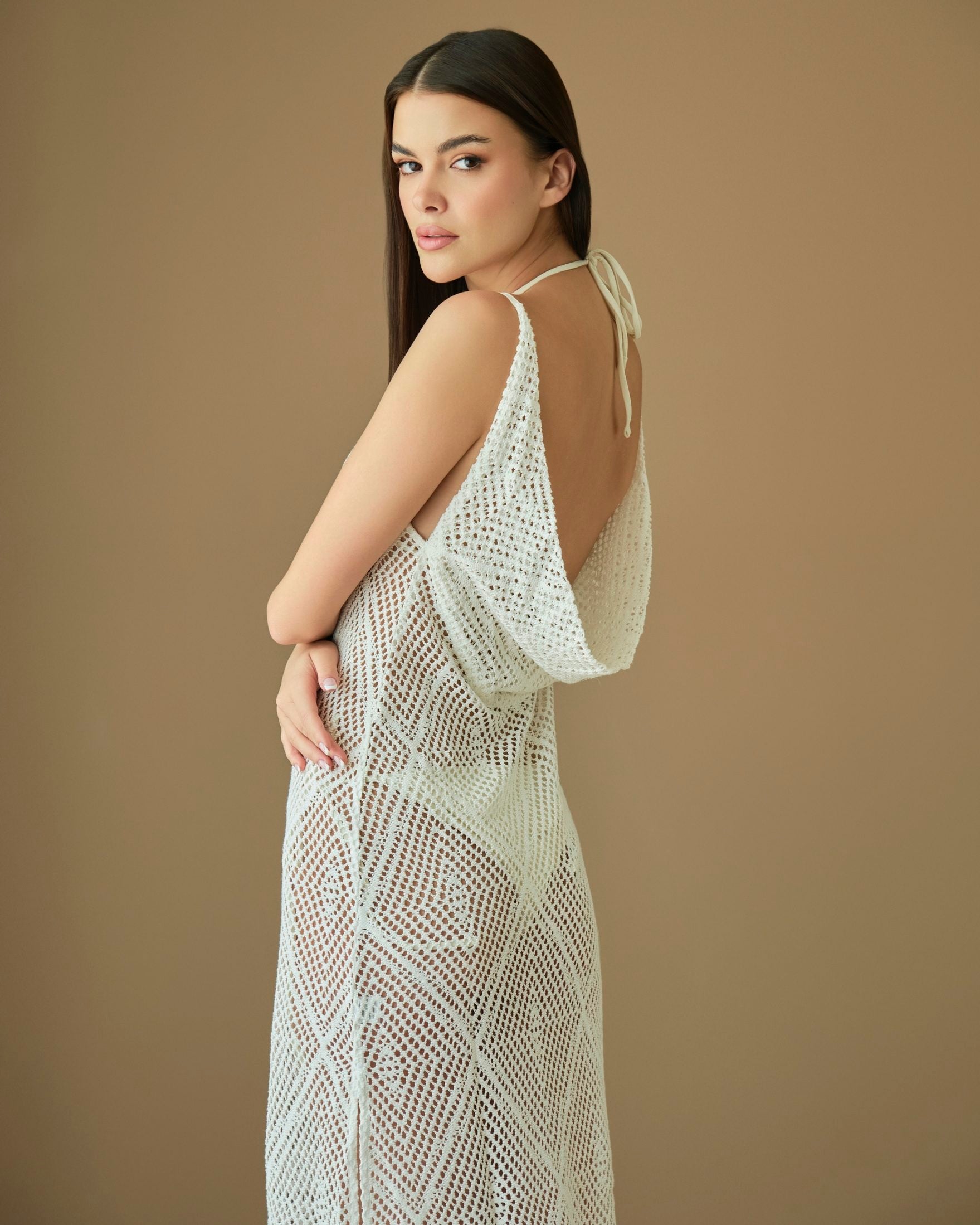 White crochet beach cover up maxi dress with geometric knit pattern