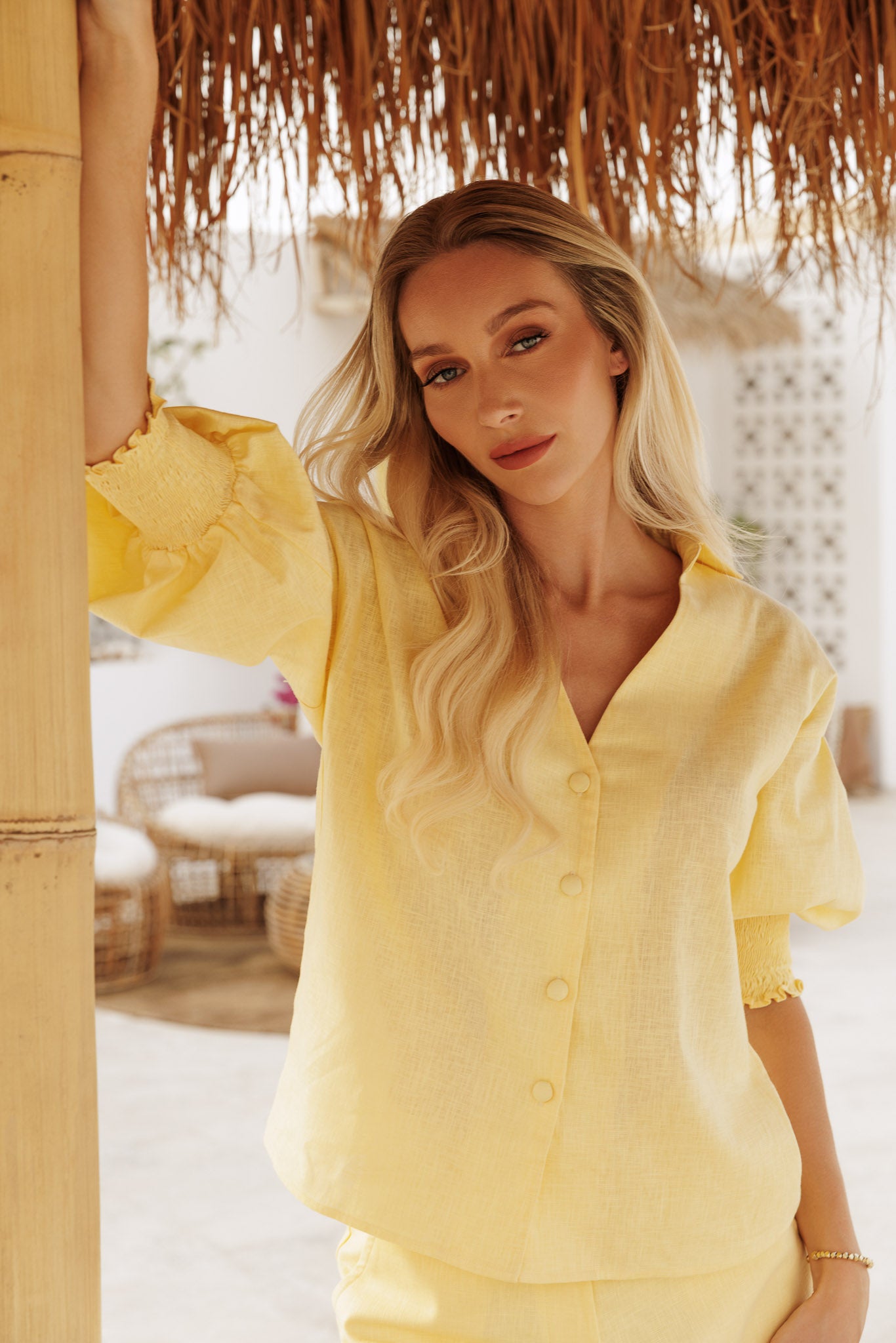 Pastel yellow shirt and shorts set with relaxed silhouette