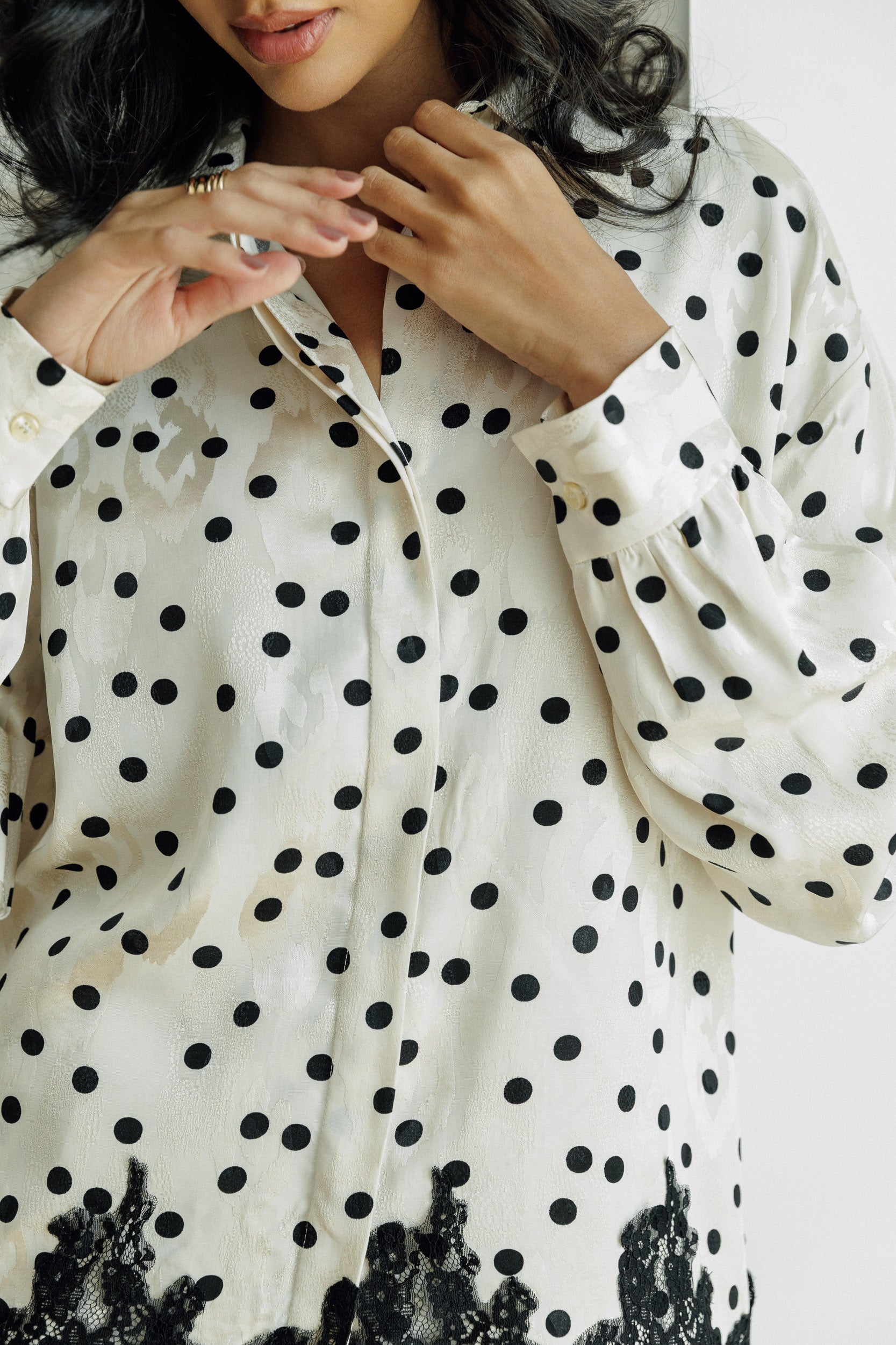 Celeste satin polka-dot co-ord set with delicate black lace detailing