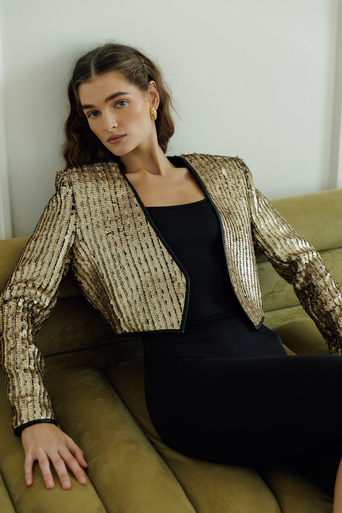 Ada gold sequin cropped jacket, front view