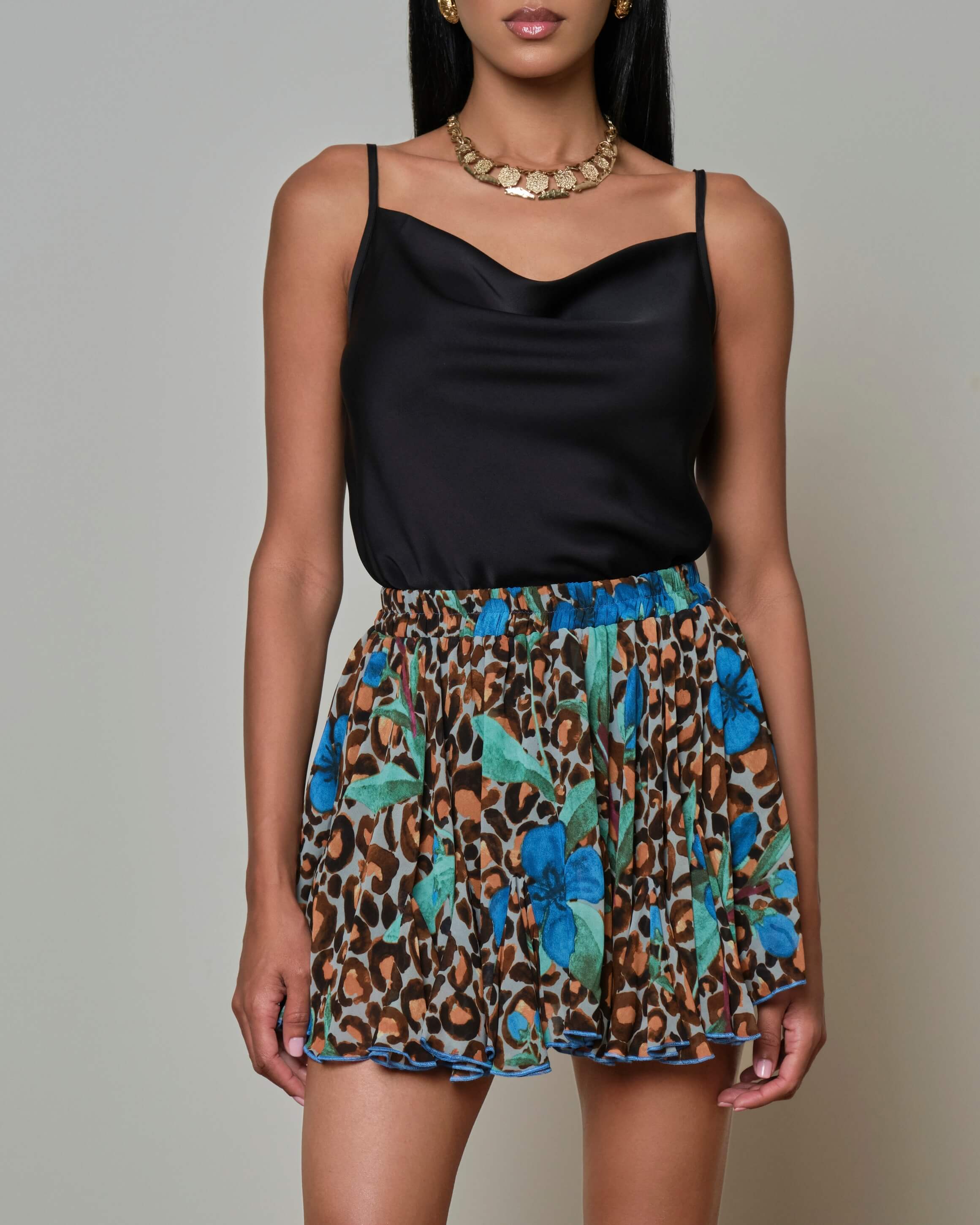 Black satin camisole with a fluid shape, perfect for day to night styling