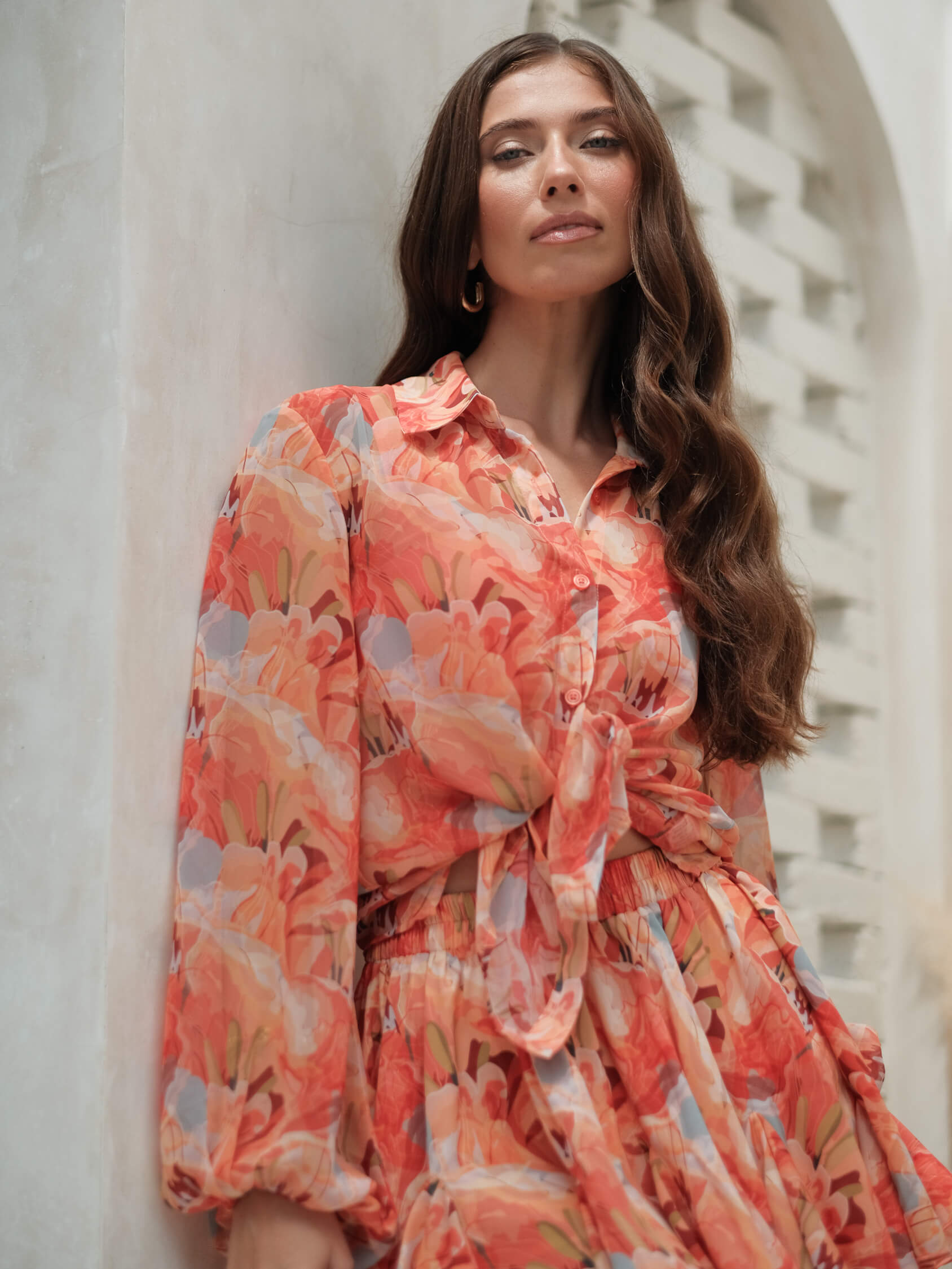 Soft chiffon shirt and skirt co-ord in coral print, breezy and flattering summer outfit