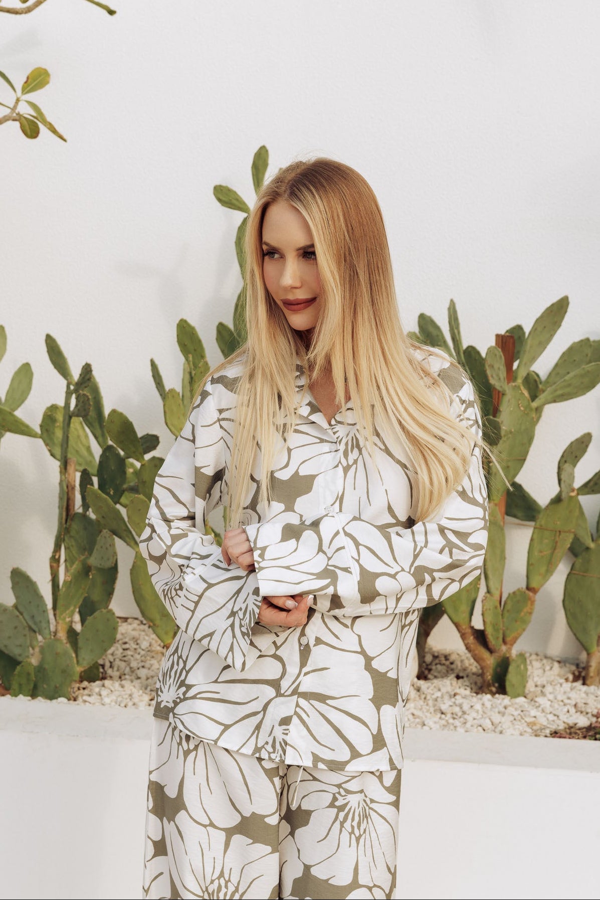 Neutral floral printed co-ord set with oversized button-down shirt and relaxed drawstring trousers