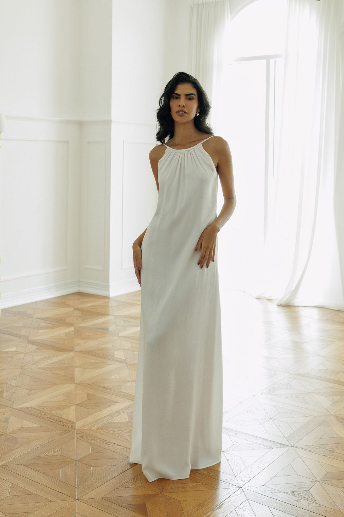 Gaia flowy white maxi dress with gathered neckline
