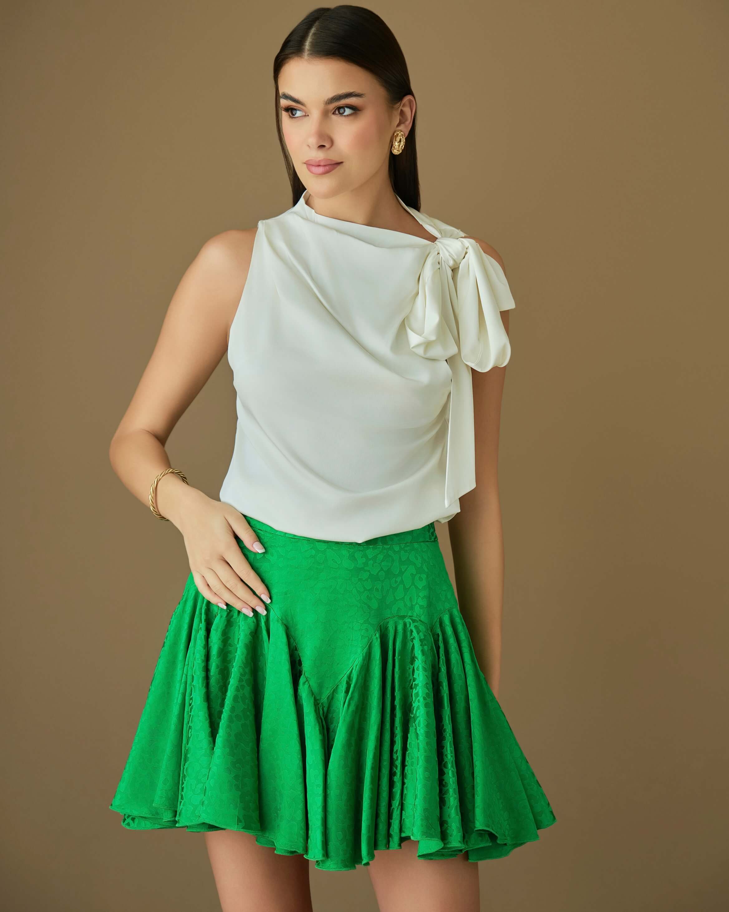 Green high waisted flared mini skirt with soft volume