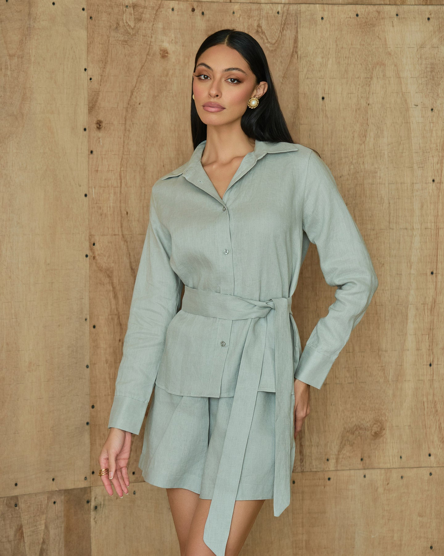 Soft grey linen matching set with long sleeve button shirt and shorts