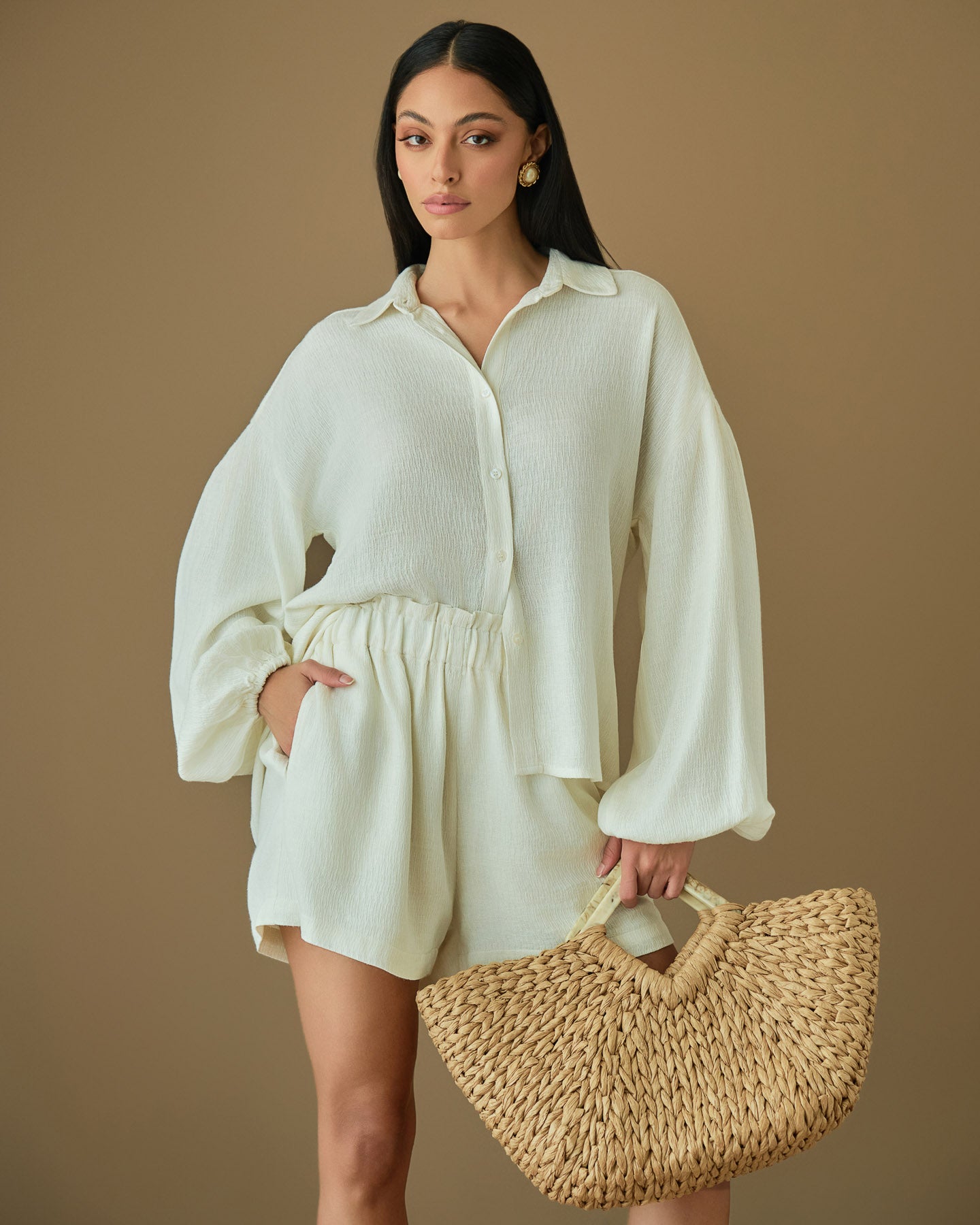 Cream cotton shirt and shorts set for warm weather and resort wear