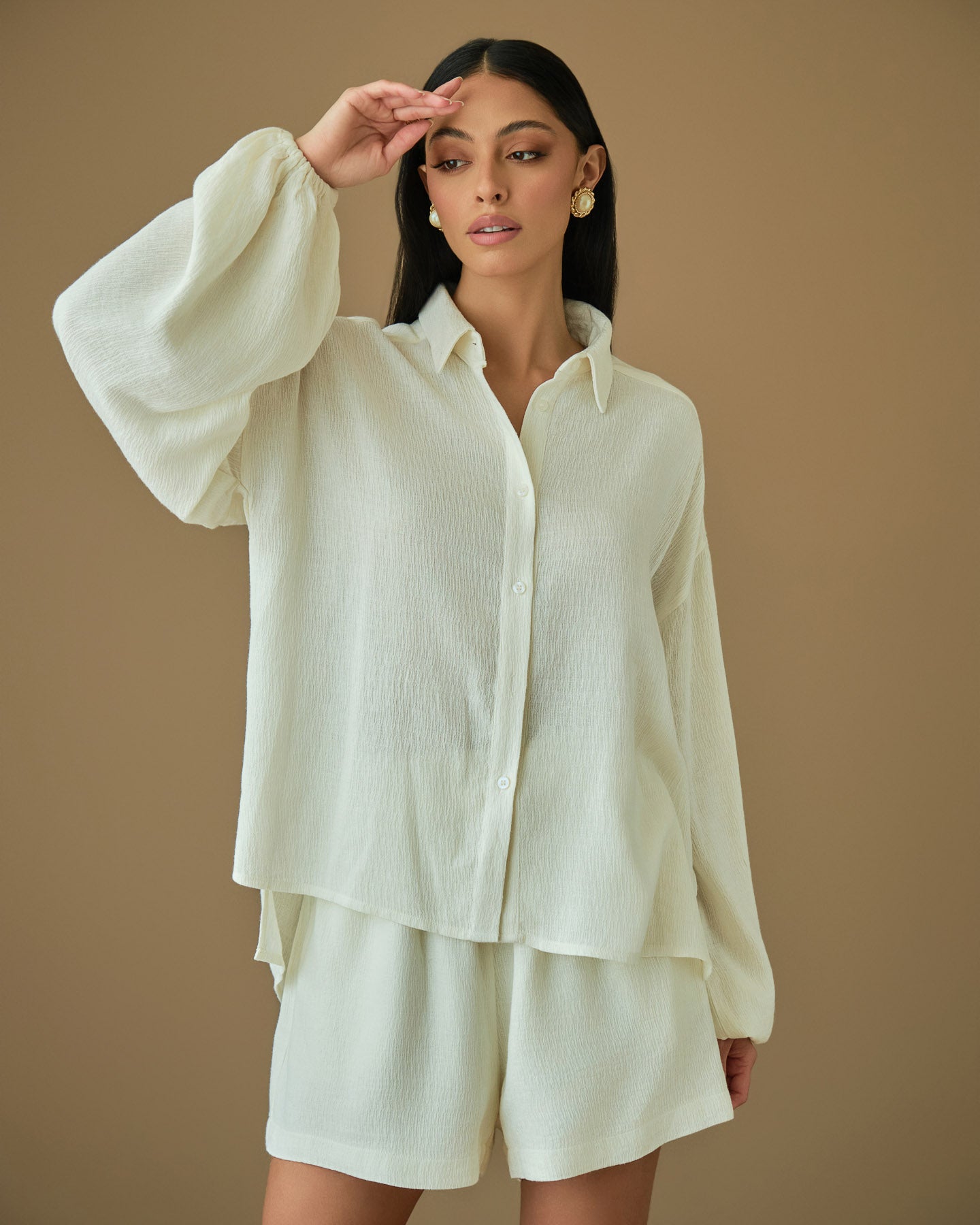 Cream cotton button-up shirt and shorts set with soft breathable fabric