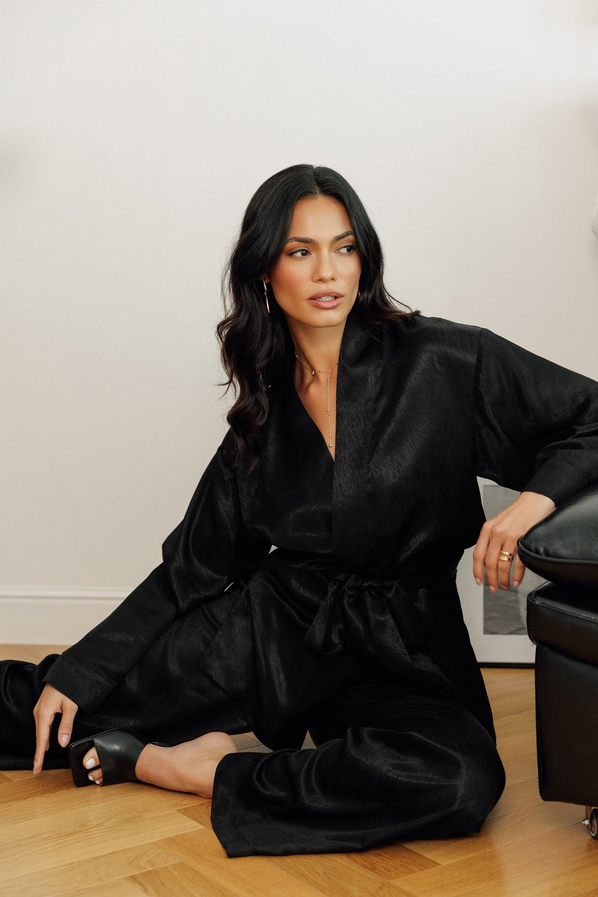 Black Leena two-piece set with long-sleeve top and wide-leg pants
