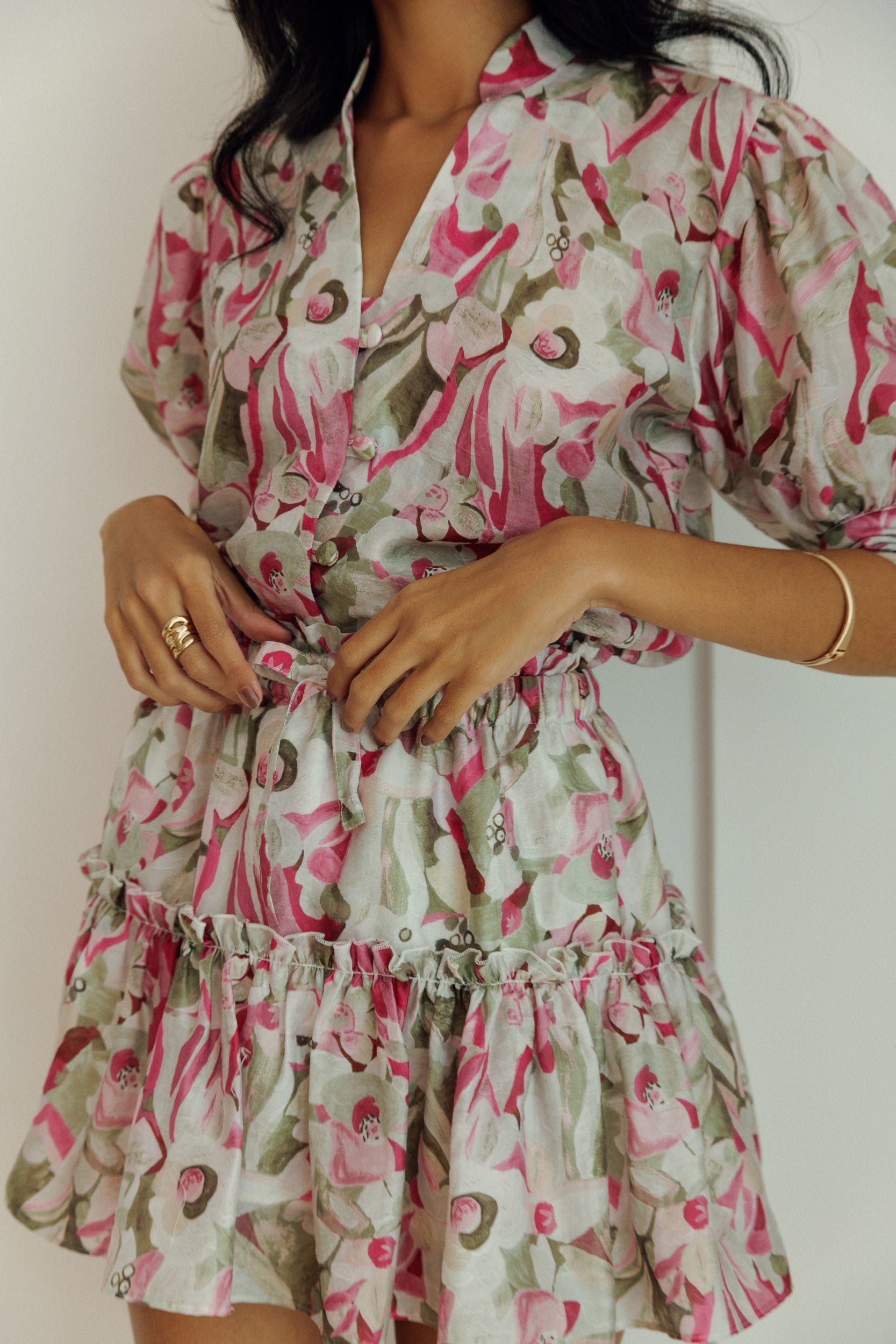 Liana floral blouse and mini skirt set in pink and neutral tones