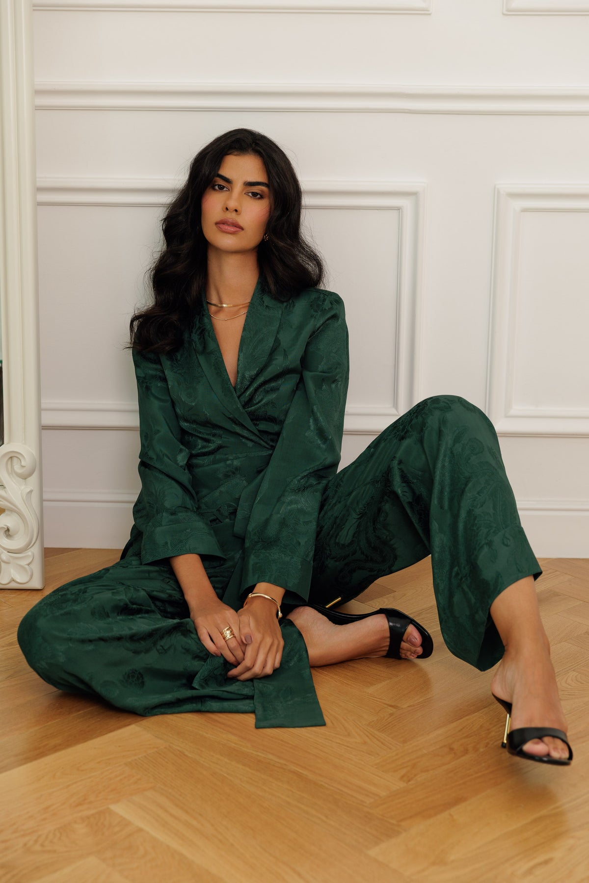 Lilah forest wrap jacket paired with matching flowing trousers.