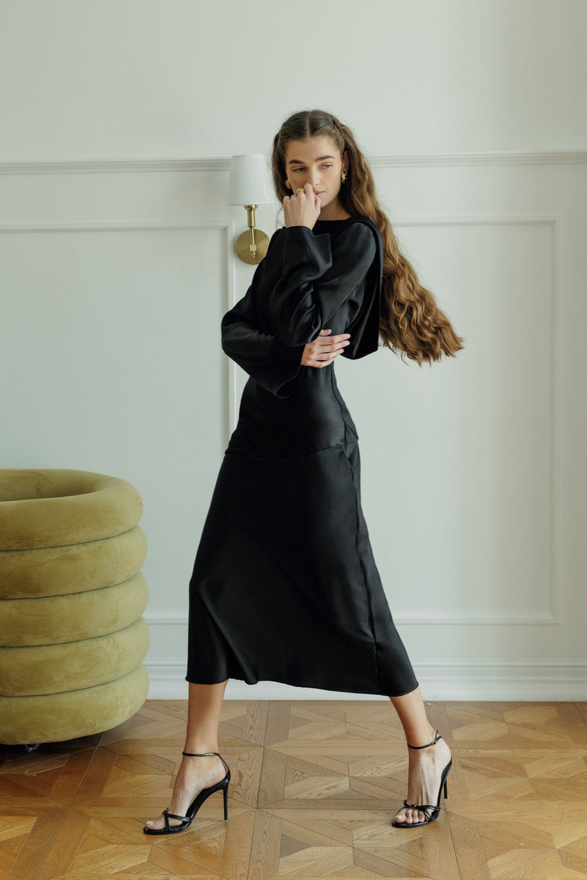 Milla black satin dress with a low back and tie detail