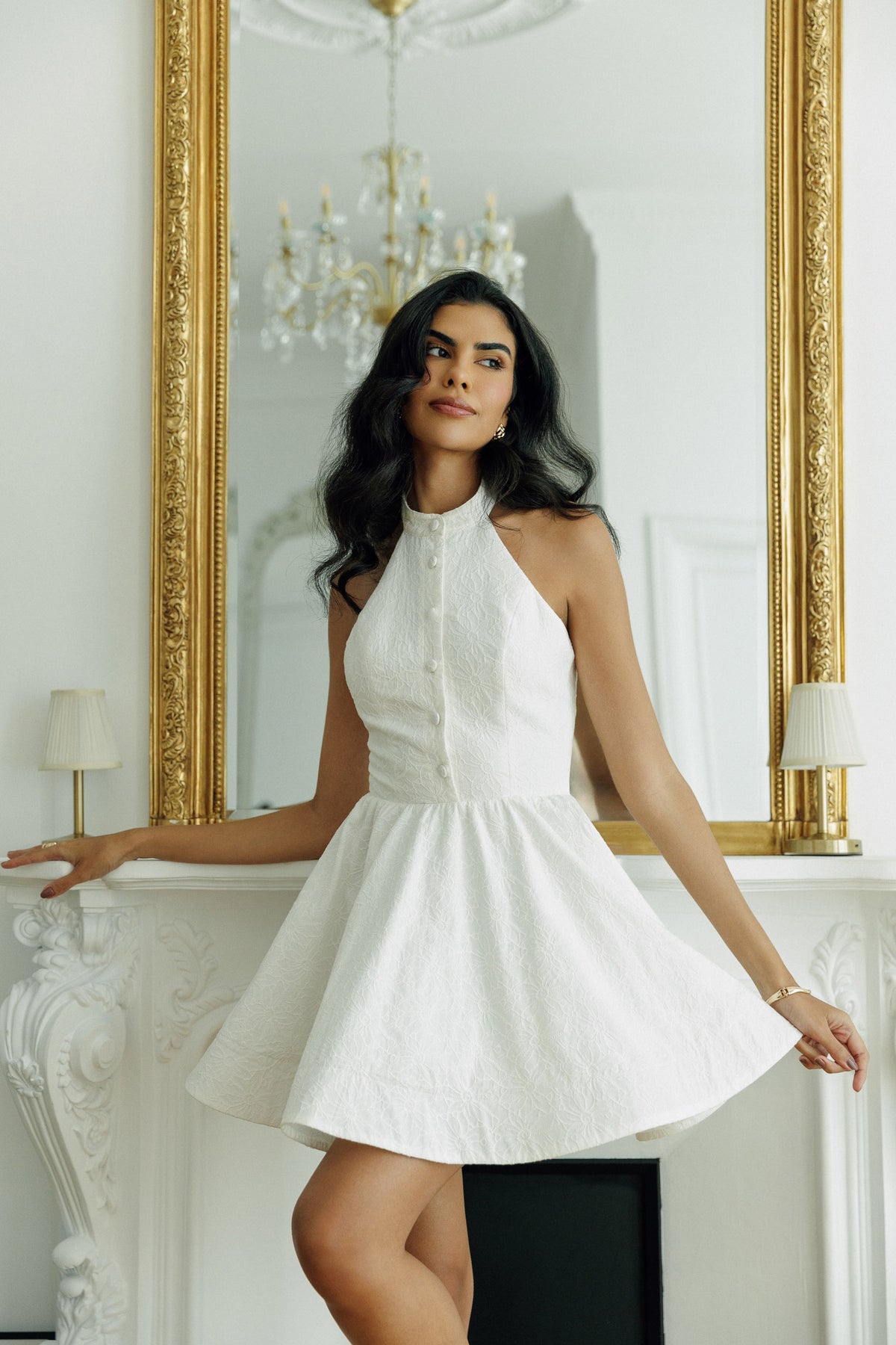 Model wearing the Mizzkeen Amica fit-and-flare mini dress