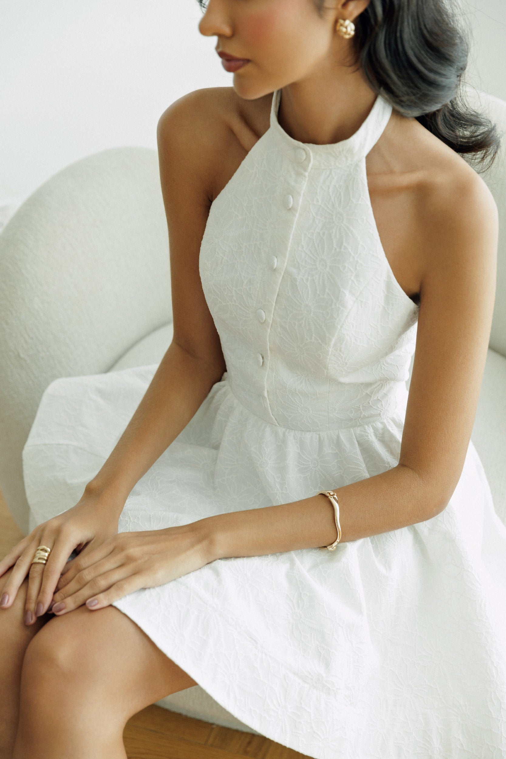 Front view of the Mizzkeen Amica white mini dress