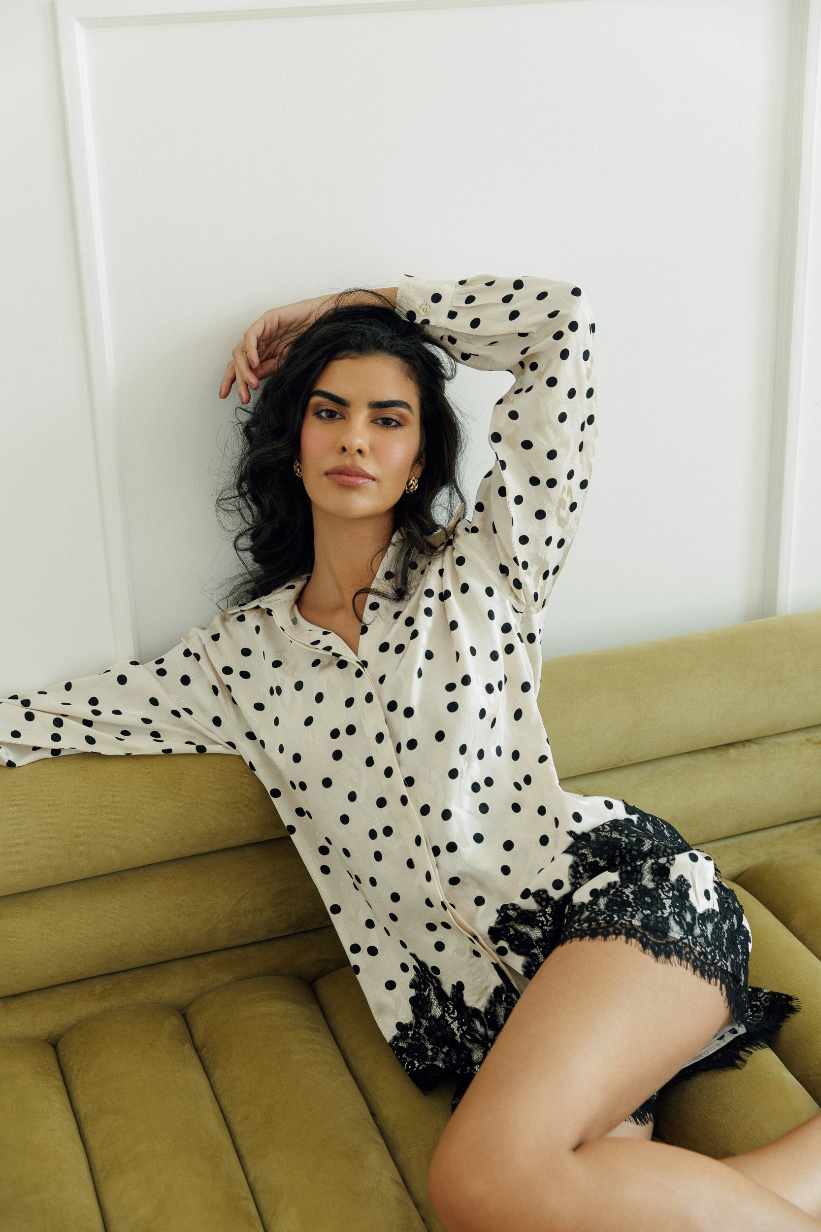 Model wearing the Mizzkeen Celeste lace-trimmed shirt and shorts