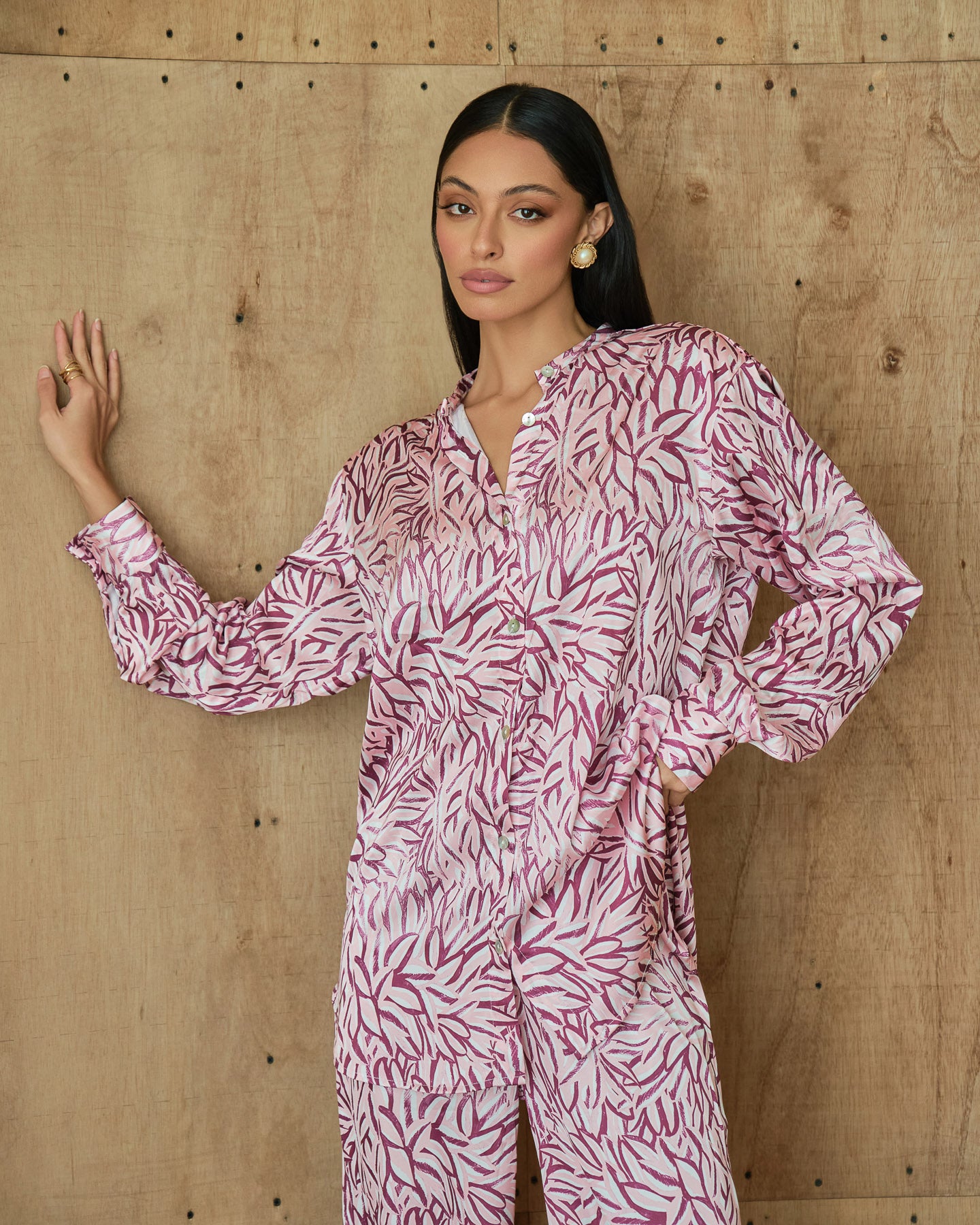 Printed shirt and wide leg pants co-ord set with relaxed fit
