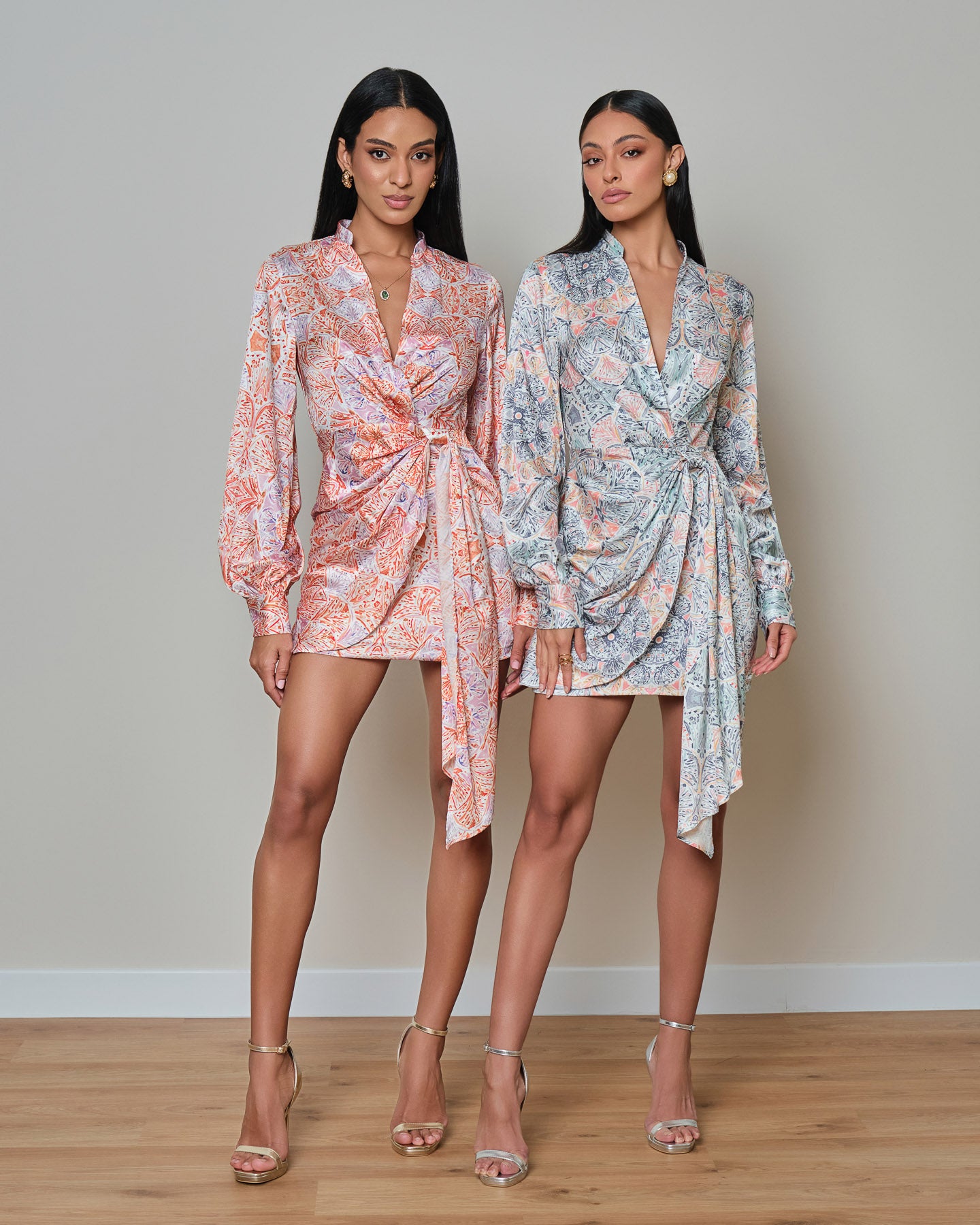 Satin floral wrap mini dress with long sleeves and side tie detail