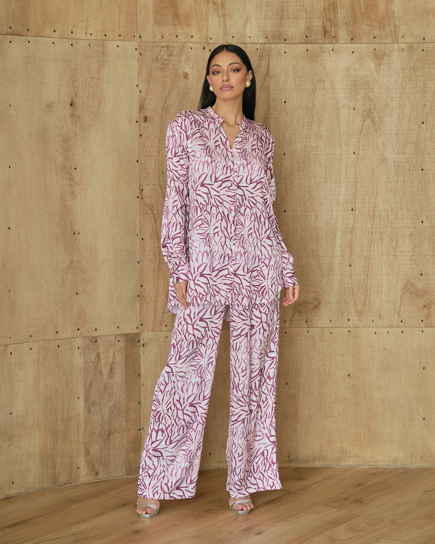 Flowy printed pants set with matching long sleeve shirt