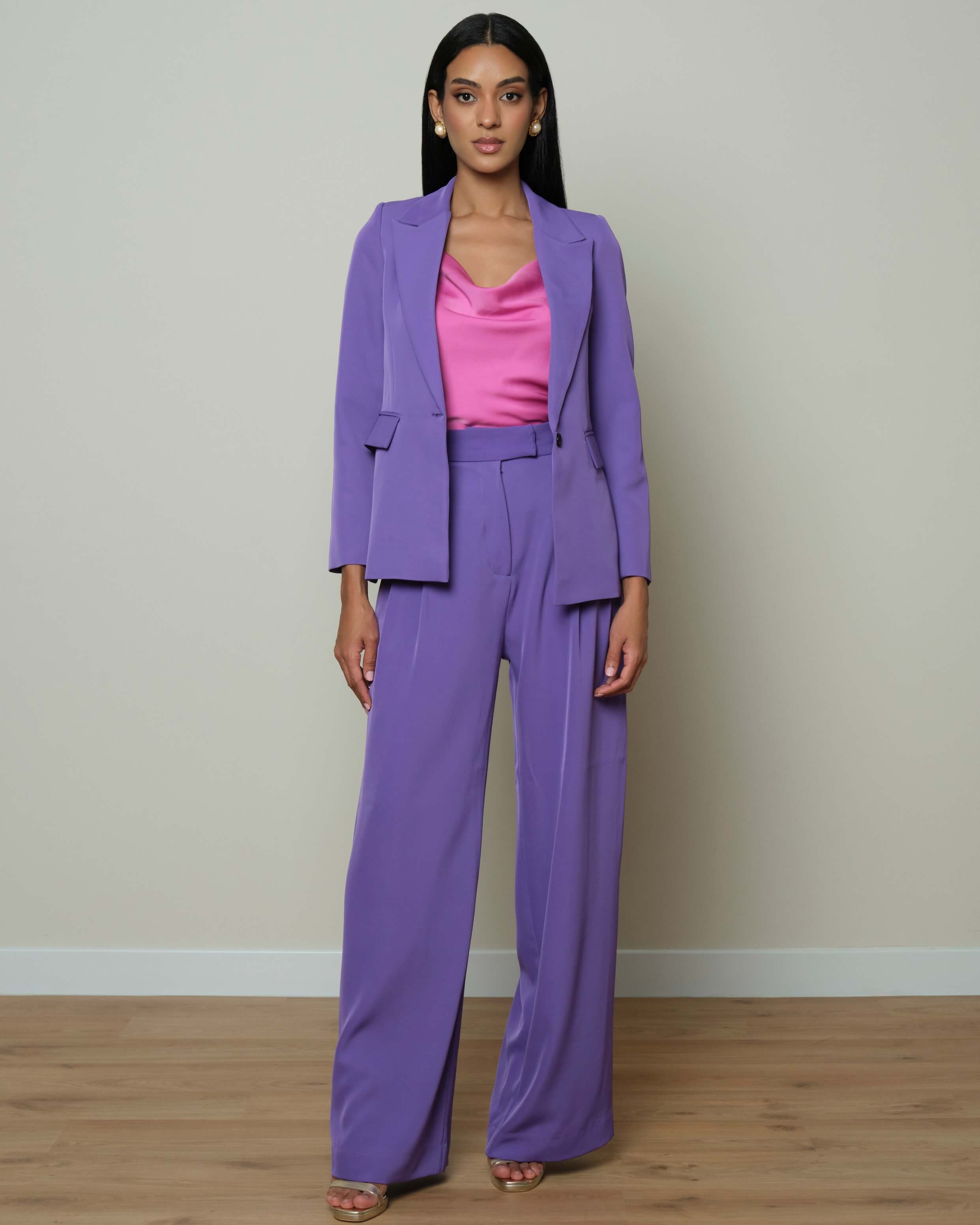 Purple tailored pants with modern wide leg fit