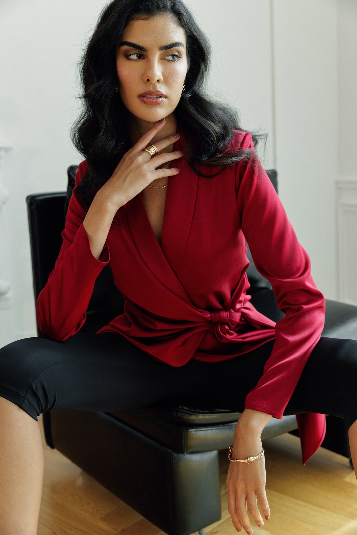 Red satin blazer with wrap front and tie belt