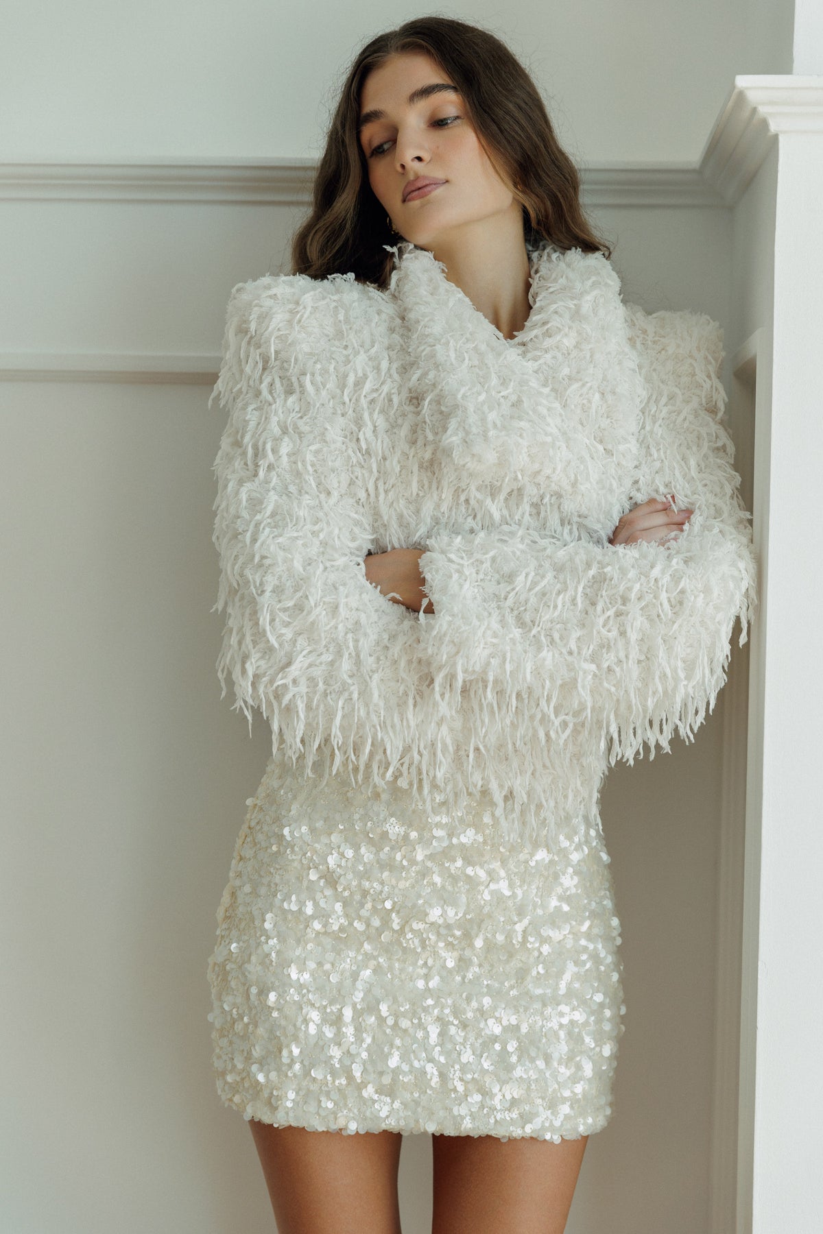White textured Thea jacket for evening and occasion styling.
