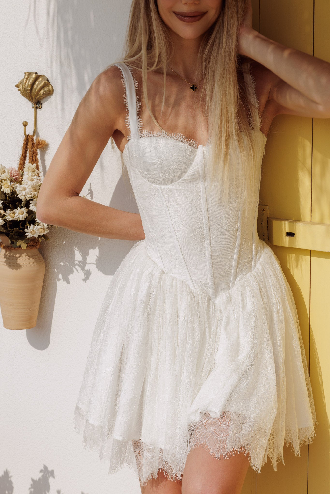 White lace mini dress with corset bodice and delicate texture, romantic and elegant outfit