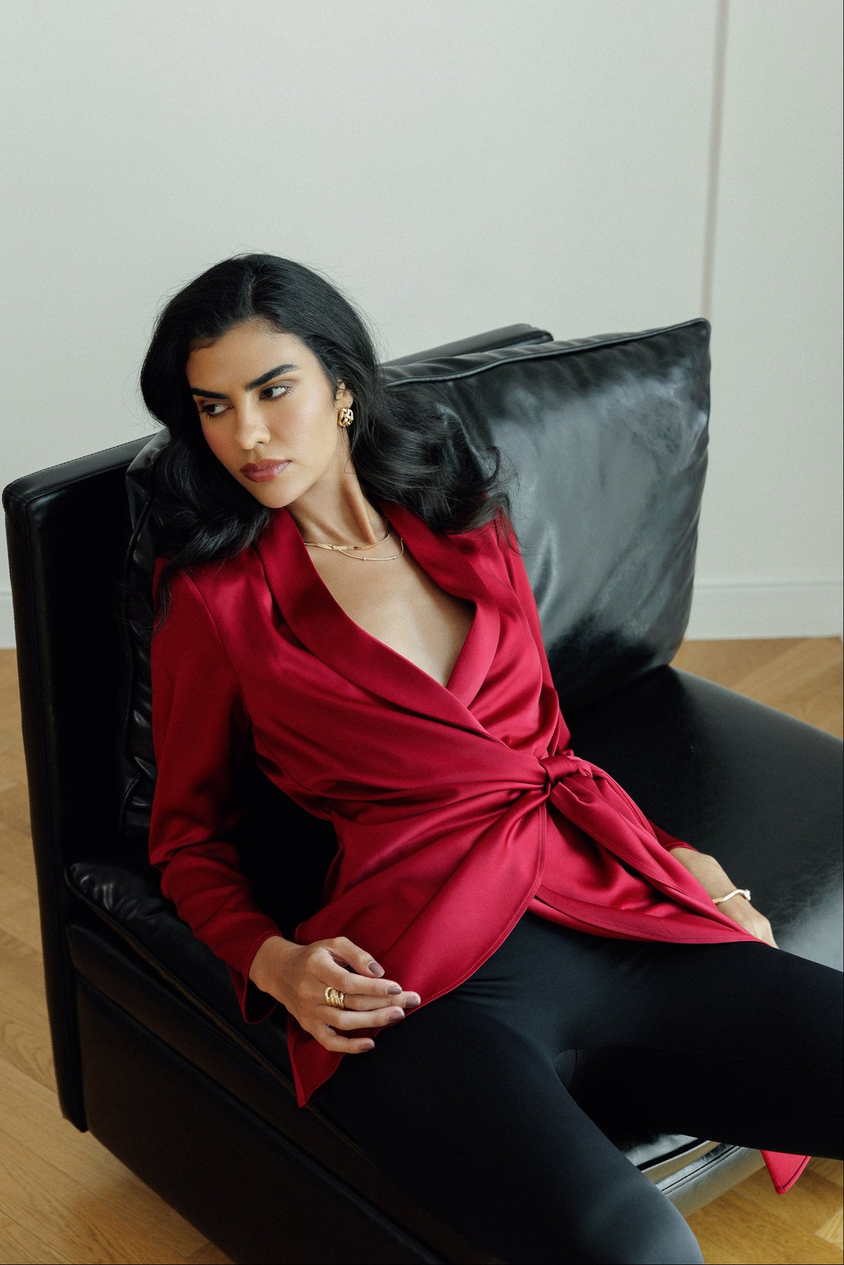 Red satin blazer with wrap front and tie belt