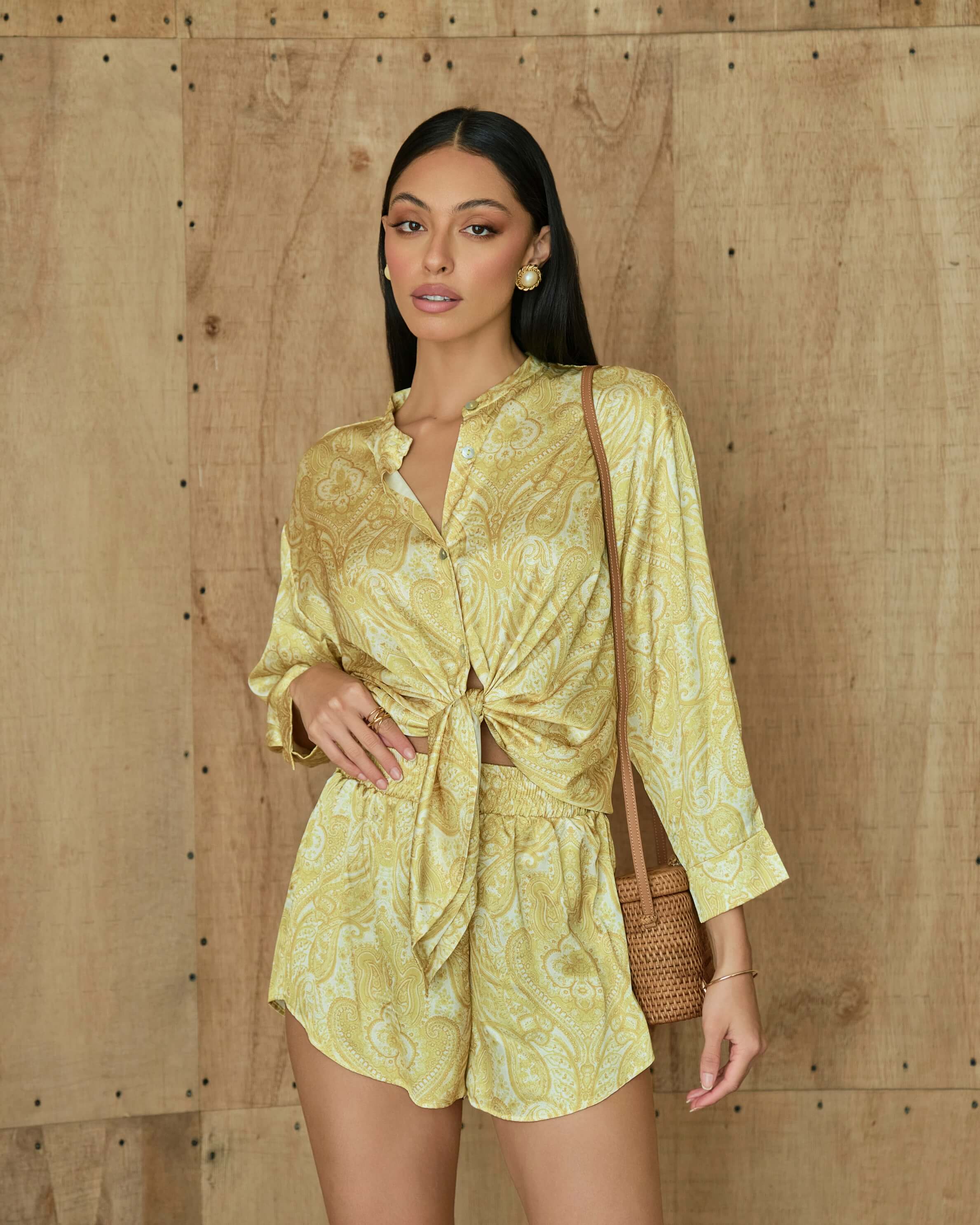 Yellow printed shirt and shorts set for casual summer looks